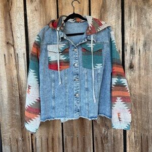 Western Cowgirl Aztec Hooded Denim Jacket Festival Boho Rodeo Southwest 2XL
